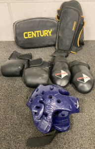 Pair Of Century 14 Oz Boxing Gloves, Pair Of Small Century Gloves, Century Shin Pads, Blue Century Head Gear, Century Punching Pad