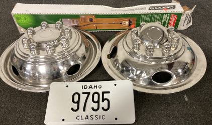Vintage Idaho License Plate, Coleman 30&rdquo; Distribution Tree and Two 15&rdquo; Hubcaps