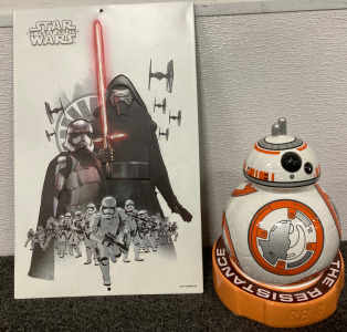(1)Star Wars The Force Awakens Metal Tin Sign (1)Star Wars BB-8 Droid Ceramic Coin Bank Lucas Films 8"