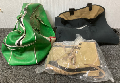 (1)Hodgman Waders (Size-Ms) (1) Hodgman Boots (Size-9) (1) Green Vintage HandBag