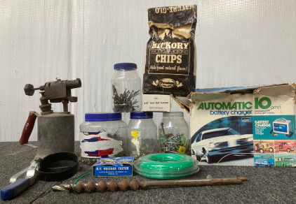 (1) Vintage Montgomery Ward Automatic Battery Charger 10AMP With Original Box(1) Turn Torch (2) Oil Fliter Wrench. (1) A/C Volatge Tester & More