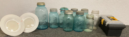 (1) Rimx Tool Box with Tools (9) Vintage Mason Jars (2) Small Light Adapter