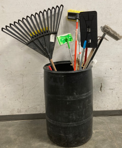 (1) 55Gallon Heavy Duty Plastic Barrel With Rakes Few Brushes &More