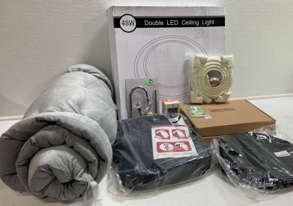 Double LED Ceiling Light, (2) Squeegee Brooms, Curtain Rod Holders, Car Seat Cushion, (2) Mesh Laundry Bags, and more