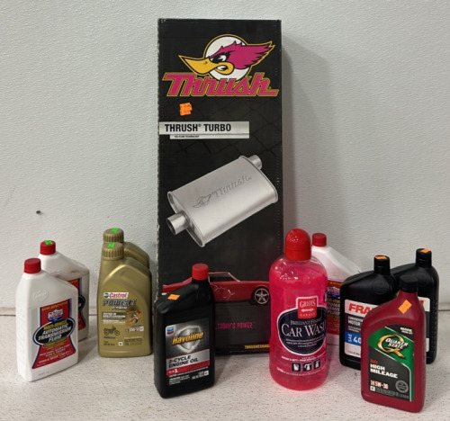 (1) Thrush Tri Flow Tech Turbo Exhaust, (3) 1 Quart Bottles Of Automatic Transmission Fluid, (2) 1 Quart Bottles Of Castrol 5W-20 Full Synthetic Motorcycle Oil And More