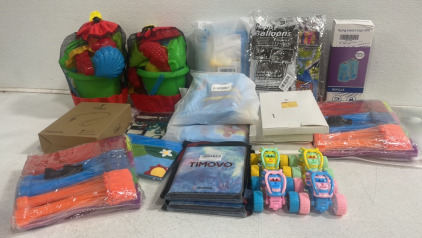 (2) Beach Toy Sets (3) Assorted Water Ballon Sets (1) FrSara cooler And More!