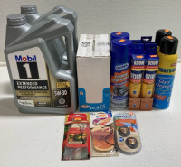 (2) Mobil 1 5W-30 Motor Oil, Bo’s of Glass Wipes, (2) Engine Degreaser, (6) Vanilla Air Sanitizers, (2) Glass Cleaners, (3) Air Fresheners