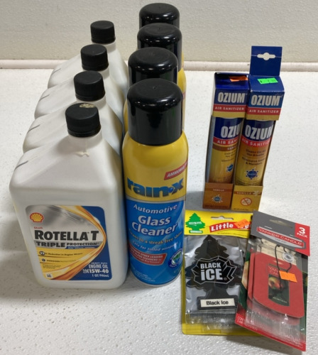 (4) Rotella T 15W-40 Engine Oil, (4) Glass Cleaner, (2) Air Sanitizers, (2) Packs of Air Fresheners