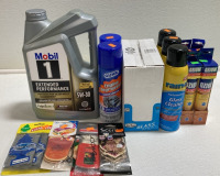 Mobil 1 5W-30 Motor Oil, (2) Engine Degreaser, Box of Glass Wipes, (3) Glass Cleaner, (5) Vanilla Air Sanitizers, (4) Packs of Air Fresheners