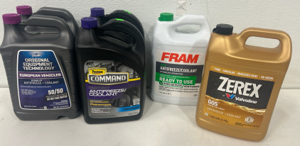(2)PEAK OET Extended Life Violet 50/50 Prediluted Antifreeze/Coolant for European Vehicles, 1 Gal. (2) Prestone Command Heavy Duty Antifreeze/ Coolant 1Gal (1) /FRAM Antifreeze and Coolant: 50/50 Ready To Use, Universal , 1 Gallon (1) Zerex G05 Phosphate 