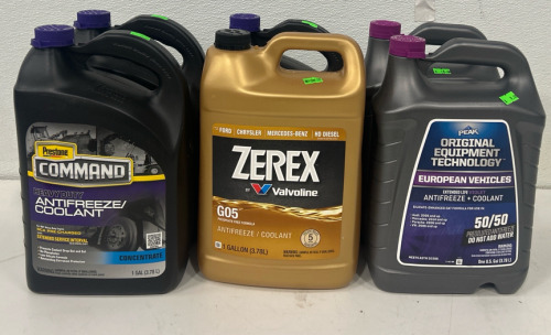 (3) Prestone Command Heavy Duty Antifreeze / Coolant (1) Zerex G05 Phosphate Free Concentrate Antifreeze/Coolant 1 GA (2) PEAK OET Extended Life Violet 50/50 Prediluted Antifreeze/Coolant for European Vehicles, 1 Gal.