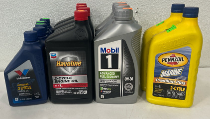 (5)Motor Oil, Marine Two Cycle, 2 Strke, 16 Oz (4) HAVOLINE 2-Cycle Engine Oil - 1 Quart (3)Mobil 1 ESP X2 Full Synthetic Motor Oil 0W-30, 1 Quart (2) PENNZOIL Marine TC-W3 2 Cycle Engine Motor Oil 1 qt.