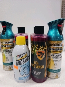 (3) McKeesport Auto Wash (1) Blaster Hand Sanitizer (2) Rustoleum Turquoise Spray Paint