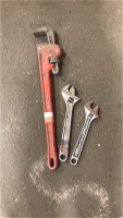 Ridgid Pipe Wrench and (2) Crescent Wrenches