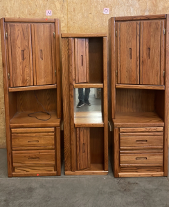 3 TWIN MID-CENTURY OAK CABINETS WITH BUILT IN LIGHTS