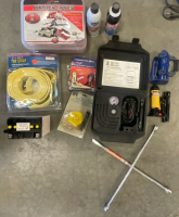 (2) Bottle Jacks, Air Compressor Box, Booster Cables, & Tow Straps