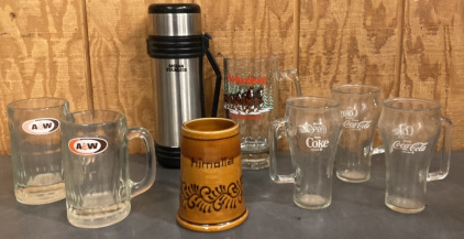 (3) Vintage Coca-Cola Collectable Mugs, (2) Vintage Collectable A&W Heavy Mugs, 1- Budweiser Clydesdales Mug, Ceramic Himolla Mug, Nissan Stainless Steel Thermos