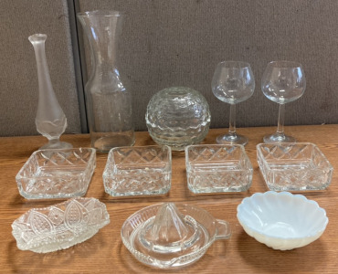 Vintage Cubist Fairy Light Globe 2 Pieces, Vintage Fenton Water Lily Crystal Velvet Swung Bud Vase, (4) Crystal Square Dishes, One Small MilkGlass Bowl, (2) Short Stem Wine Glasses, Glass Citrus Juicer, Oreida Water Pitcher, Crystal Soap Dish