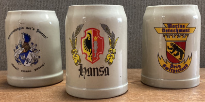 (3) Vintage German Stoneware Beersteins Including Ravenspurgia Sei’s Panier Beer Stein, Hansa Beer Stein & Marine Detachment Bern Switzerland Stein