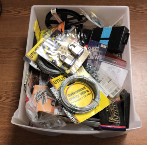 (1) Plastic Storage Bin Full Of Galavnized Utility Wire, Nails, Laminated Pad Locks And More