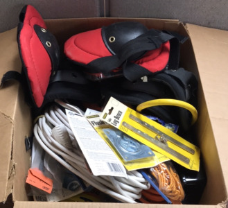 (1) Box Of Extension Cords, Knee Pads, Stanley Hardware, And More