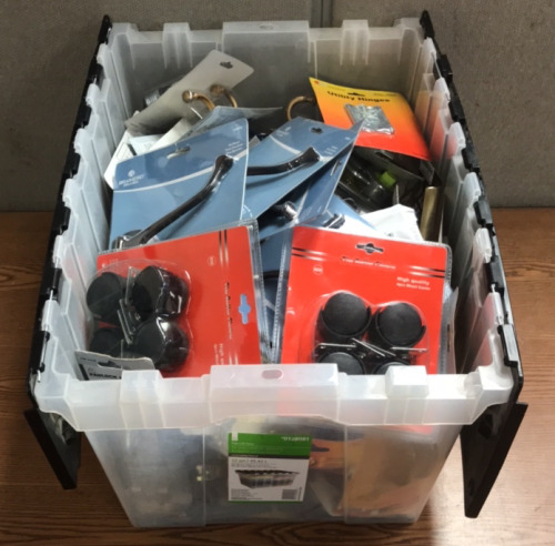 (1) Plastic Bin With Wheel Casters, Tri Hooks, Utility Hinges And Other Hardware