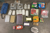 FISHING AND CAMPING SUPPLY LOT. SINGLE BURNER, COOK SET, MESS KIT, TACKLE BOXES