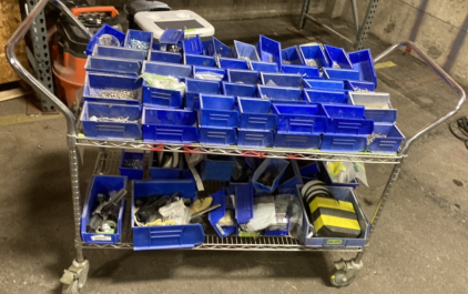 Rolling Shop Cart Full of Assorted Nuts, Bolts, Washers and Screws