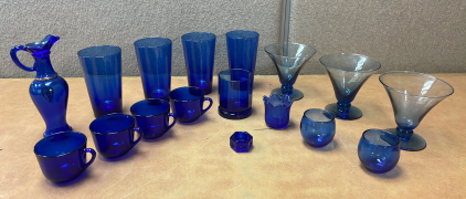 VINTAGE COBALT BLUE GLASSES, TEA CUPS, COCKTAIL GLASSES, AND MORE!