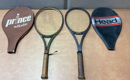 PRINCE WOODIE AND AMF HEAD GRAPHITE/WOOD TENNIS RACKETS WITH CASES