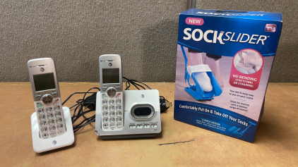 AT&T 2-HANDSET CORDLESS PHONE AND AS SEEN ON TV SOCK SLIDER