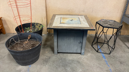 GAS FIRE PIT, DECORATIVE METAL STAND, AND LARGE PLANTER POTS