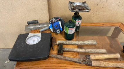 VINTAGE TOOLS, SCALE, DRUM AUGER, PROPANE STOVE