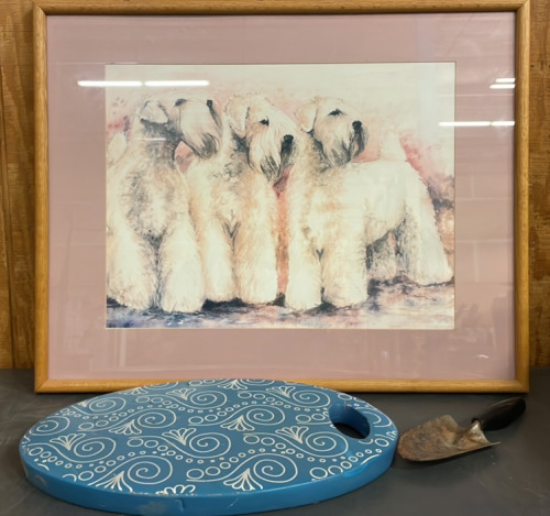 29X23” Painting of 3 Shih Tzus From 1990, Knee Pad For Kneeling, and Gardening Shovel