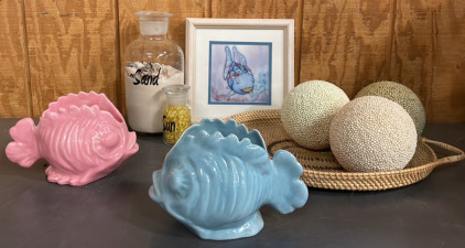 Decorative Jar Of Sand With Sea Shells, Decorative Jar Of “Sun” Gems, 3 Decorative Balls, and 2 Decorative Ceramic Fish Dishes, and Framed “Rainbow Fish” Picture