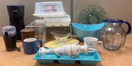 Mr. Coffee Maker (Works), Hamilton Beach Coffee Bean Grinder, Glass Grape Vine Chip & Dip Bowl, Blue Rim Glass Pitcher, Glass Gravy Boat, Cake & Cupcake Containers & More