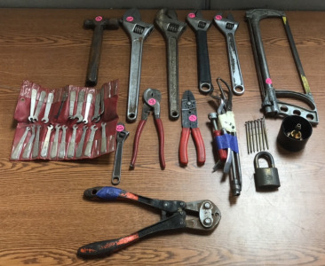 (1) Box Of Tools Including (1) Hack Saw, (4) Adjustable Wrenches, (1) Hammer, (1) 19 Piece Small Wrench set, And More