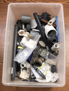 (1) Plastic Bin of Tools And Parts Including (1) Inverter 400 X Power By Xantrex, (3) Senco Nail Sets, And More