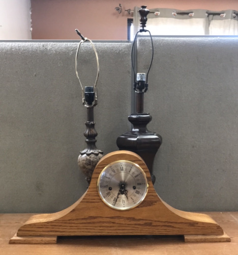 (1) Metal And Stone Based Lamp (No Lamp Shade), With (1) Wood Based Lamp (No Lamp Shade), And (1) Vintage Wooden Mantle Clock (29”X12”)