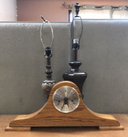 (1) Metal And Stone Based Lamp (No Lamp Shade), With (1) Wood Based Lamp (No Lamp Shade), And (1) Vintage Wooden Mantle Clock (29”X12”)