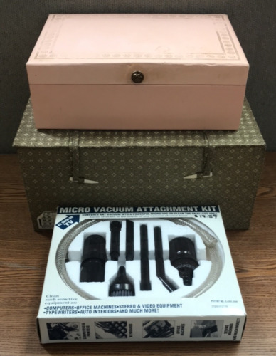 (1) Micro Vacuum Attachment Kit (As Seen On Tv), With (1) Vintage 1960’s Lady Buxton Jewelry Box, And (1) Fabric Storage Box