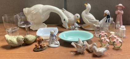 Four Ceramic Geese, Ceramic Bird Figurines, Pink Flower Napkin Holders, Small Vintage Glass Bottles, Vintage Milk Glass Dish & More