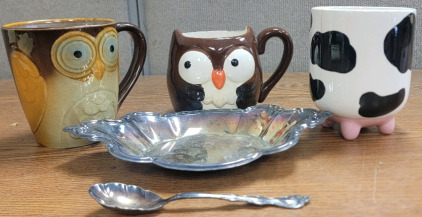 (1)International Silver Wakefield Silverplate Serving Dish & Deep Silver Spoon Set (2) Owl Glass Mugs (1) Cow Mug