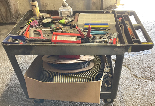 Rolling Shop Cart W/ Various Tools and Hose Reel