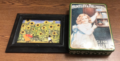 (1) Vintage Huntley And Palmers English Buscuit Box, With (1) Small Framed Art Piece