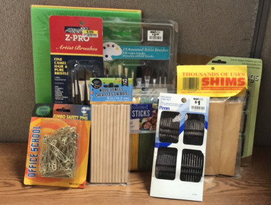 (1) Bankers Box Of Arts And Crafts Supplies, Including Paint Brushes, Sewing Needle Sets, Craft Sticks, Foam Sheets, And More