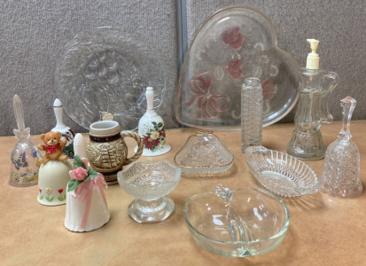 Mikasa Heart Shaped Crystal Valentine Rose Glass Platter, Avon Dispenser, Avon Mugs, Glass Butter Dishes, Grape Vines Plate, Glass Apple Holding Dish & More