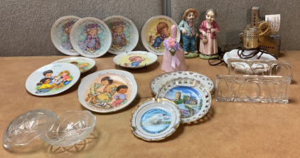 MilkGlass Lantern, Crystal Ash Tray, Avon Mom & Dad Glass Signs, Avon Mother’s Day Plates 1981-84 (1) 1989, Jefferson Memorial Decorative Plate & More