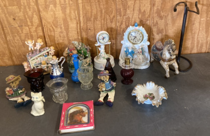 Angel Music Player, Avon Perfume Decanters, Horse Figurine, Decorative Plate, Sitting Bears & More