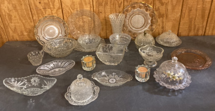 (3) Crystal Butter Dishes, (3) Crystal Cake Holders, Pink Depression Glass Plate, Avon Candles & More